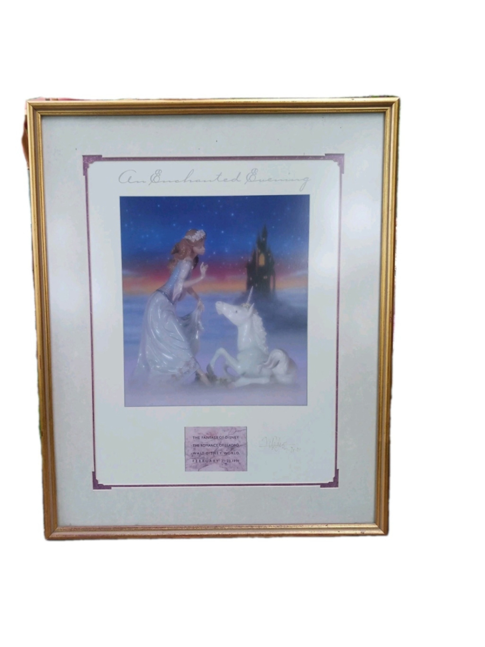 VTG 1991 Disney Lladro Enchanted Evening Signed Framed Promo Print WDW Unicorn